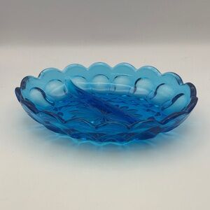 Vintage Anchor Hocking Fairfield Laser Blue Glass Divided Scalloped Oval Dish